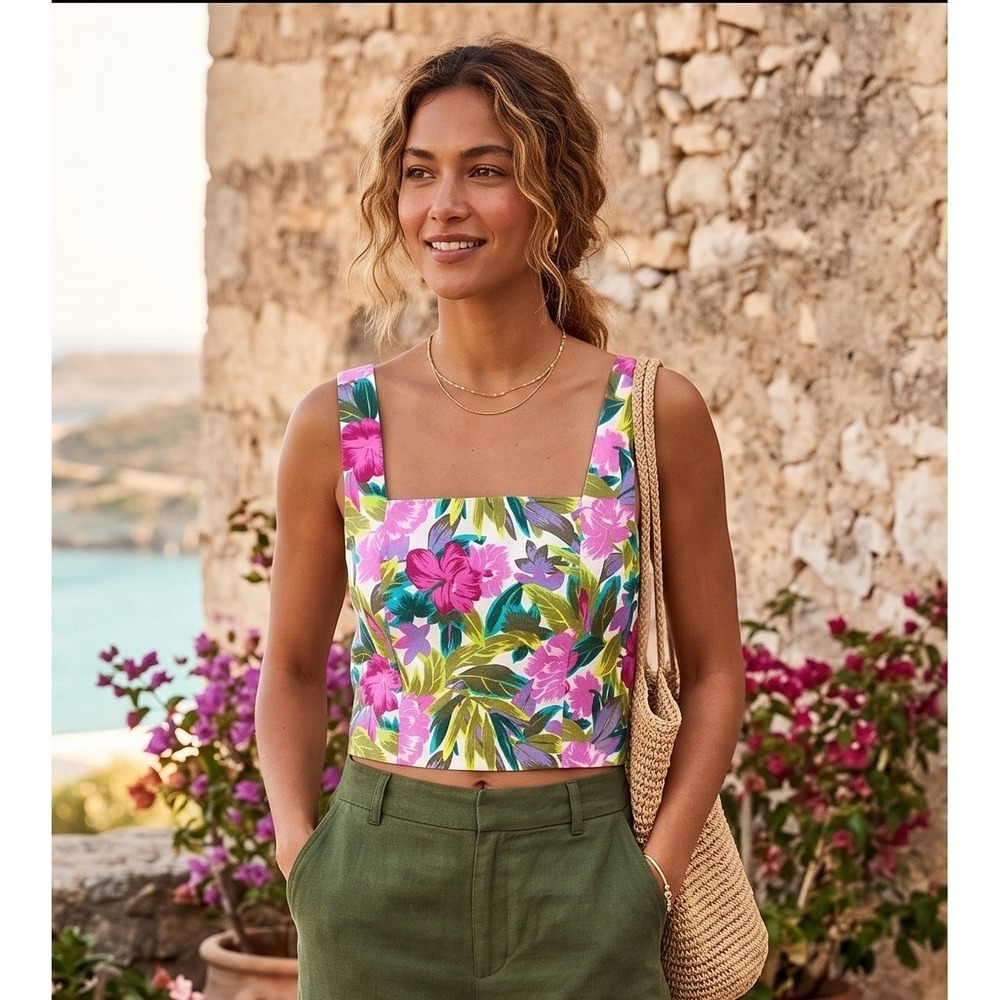 GAP Tropical Floral Linen Blend Smocked Back Crop Top Women's XL Resort Boho NWT